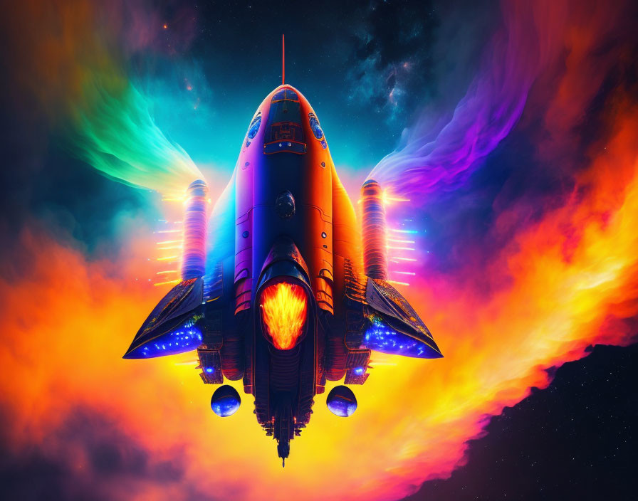 Colorful Space Shuttle Ascending in Neon Cosmic Scene