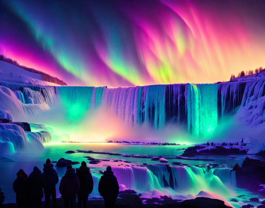 Spectacular aurora borealis over frozen illuminated waterfall