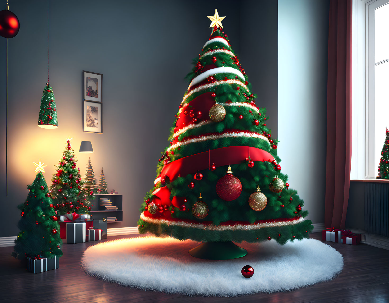 Festive room with decorated Christmas tree and gifts