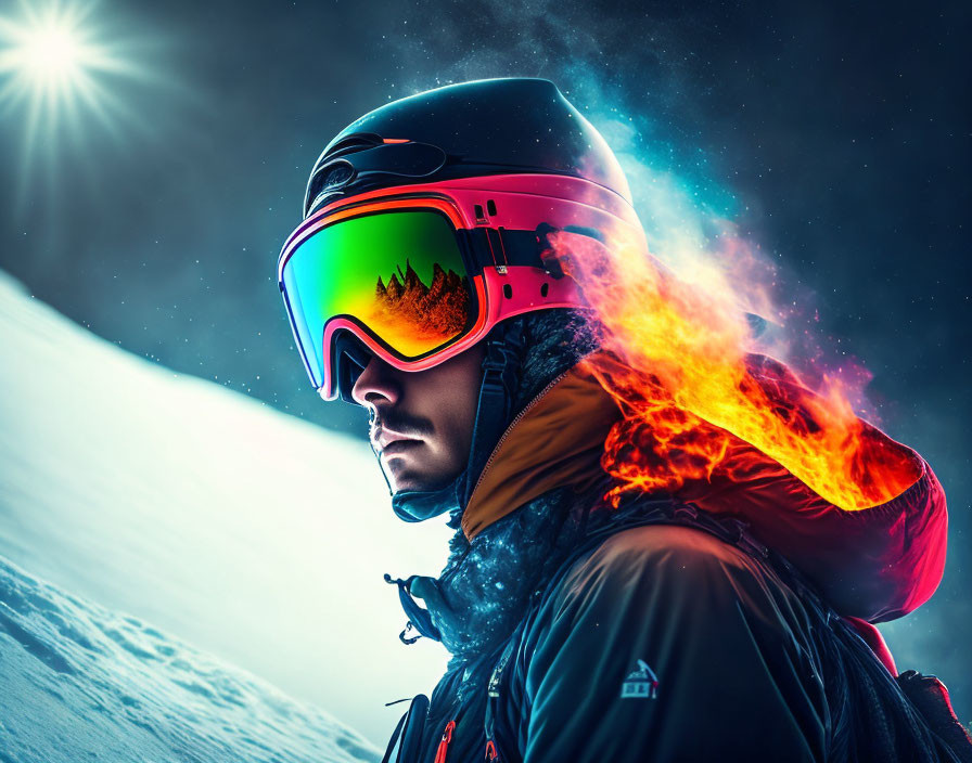 Skier in helmet and goggles with fiery effect on snowy background