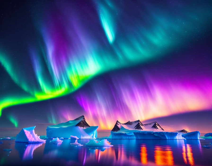 Colorful Aurora Borealis over Glacial Landscape