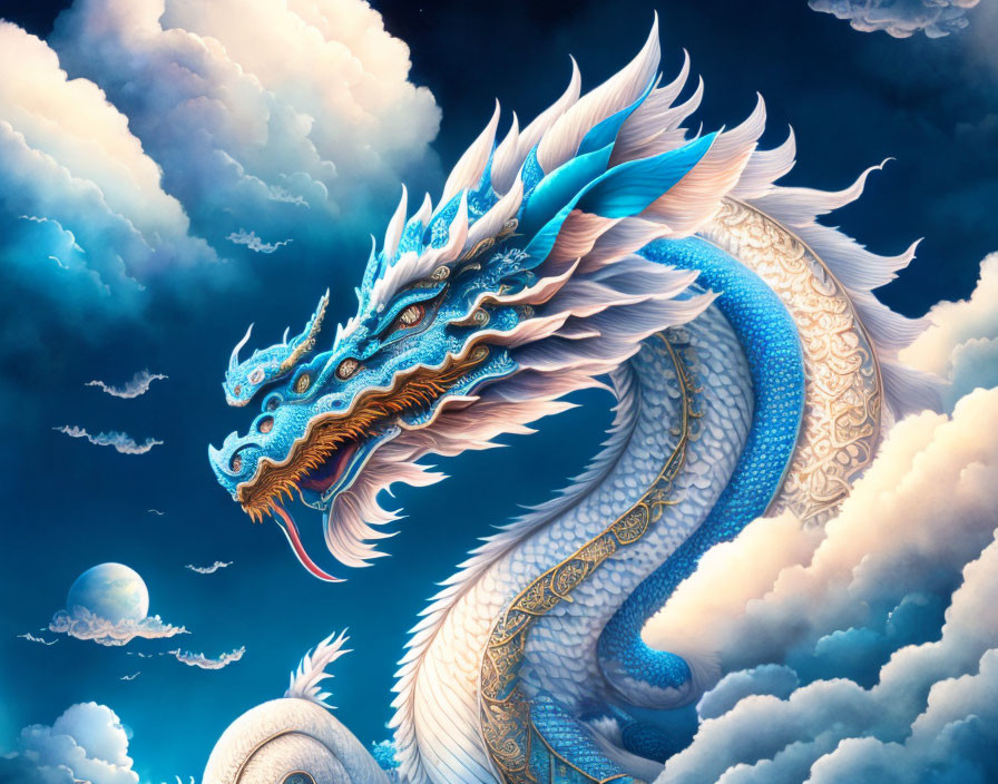 Illustrated blue and white dragon in fluffy clouds against blue sky