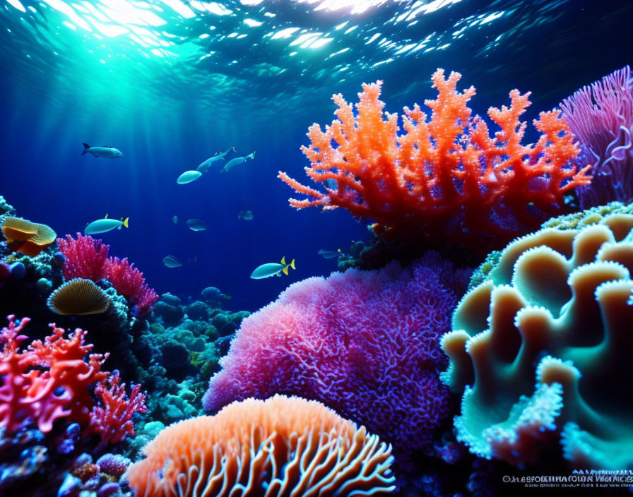 Colorful Coral and Fish in Sunlit Underwater Scene