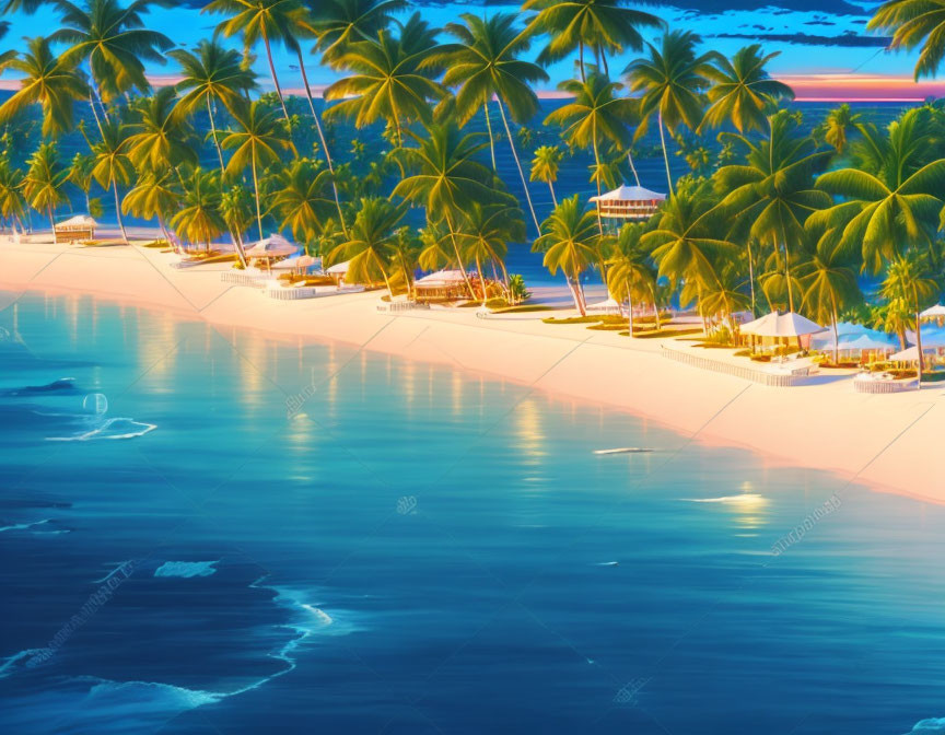 Tranquil tropical beach scene at sunset with palm trees, gentle waves, and hammocks