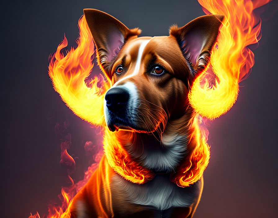 Brown and White Dog with Fiery Orange Flames Digital Artwork