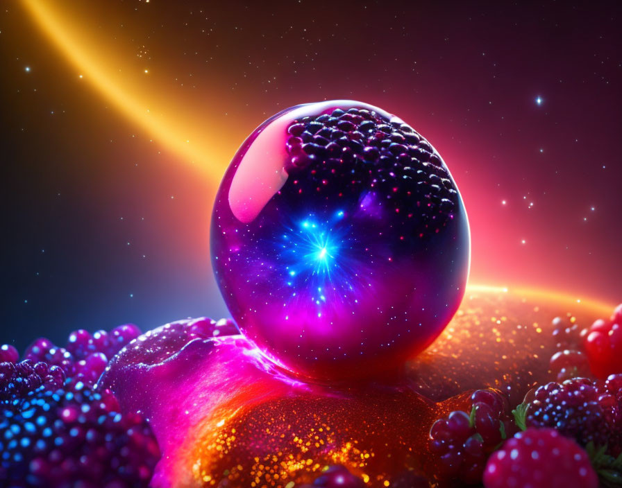 Cosmic-themed image with reflective sphere, berries, and galaxy backdrop