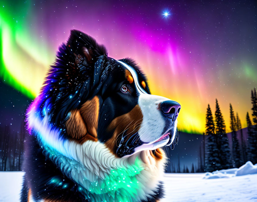 Bernese Mountain Dog under vibrant aurora borealis and starry night sky