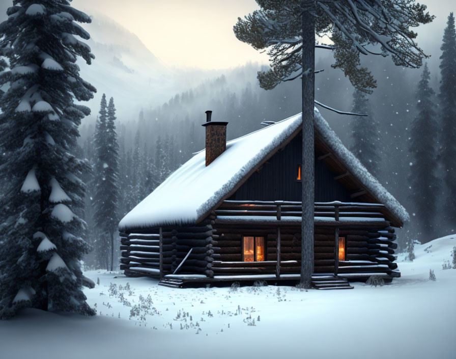 Snowy Forest Log Cabin with Glowing Windows at Dusk