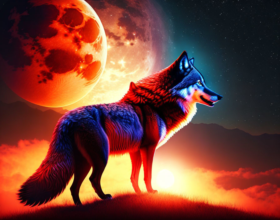 Luminous blue wolf with orange moon in fiery sunset backdrop