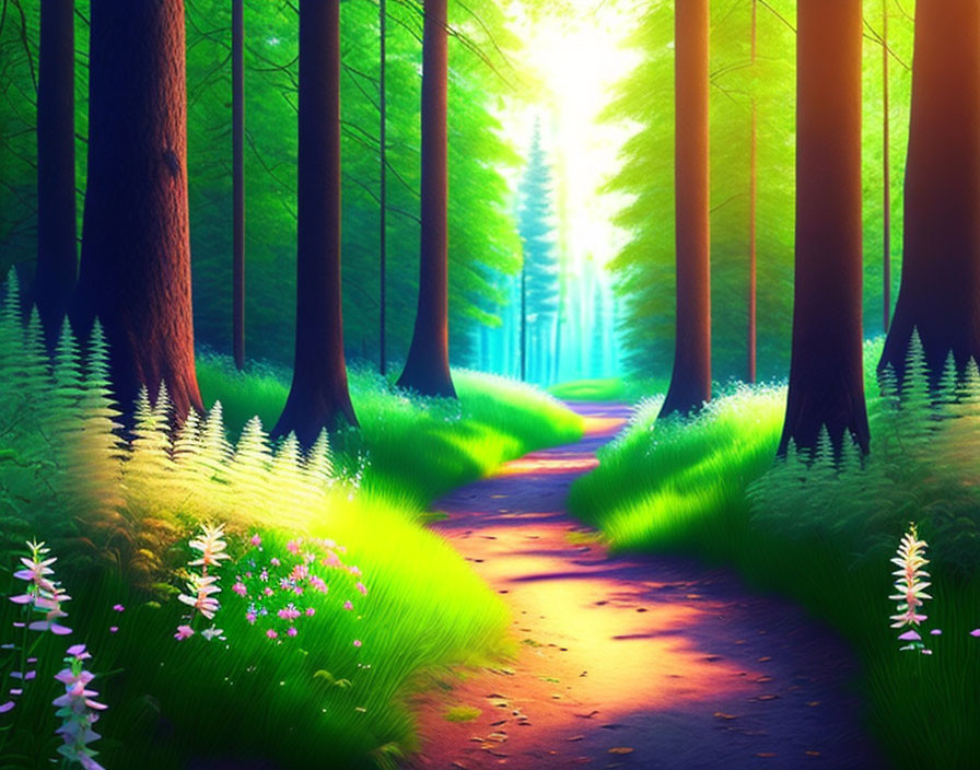 Scenic forest path with sunlight, tall trees, green ferns, and wildflowers