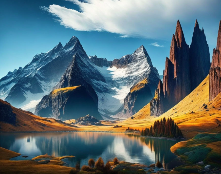 Snow-capped mountain peaks and serene lake in a lush landscape