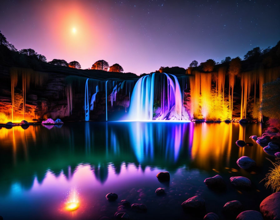 Colorful Waterfall Illuminated by Starry Night Sky