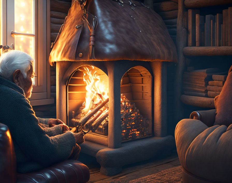 Elderly person knitting by cozy fireplace in wooden cabin