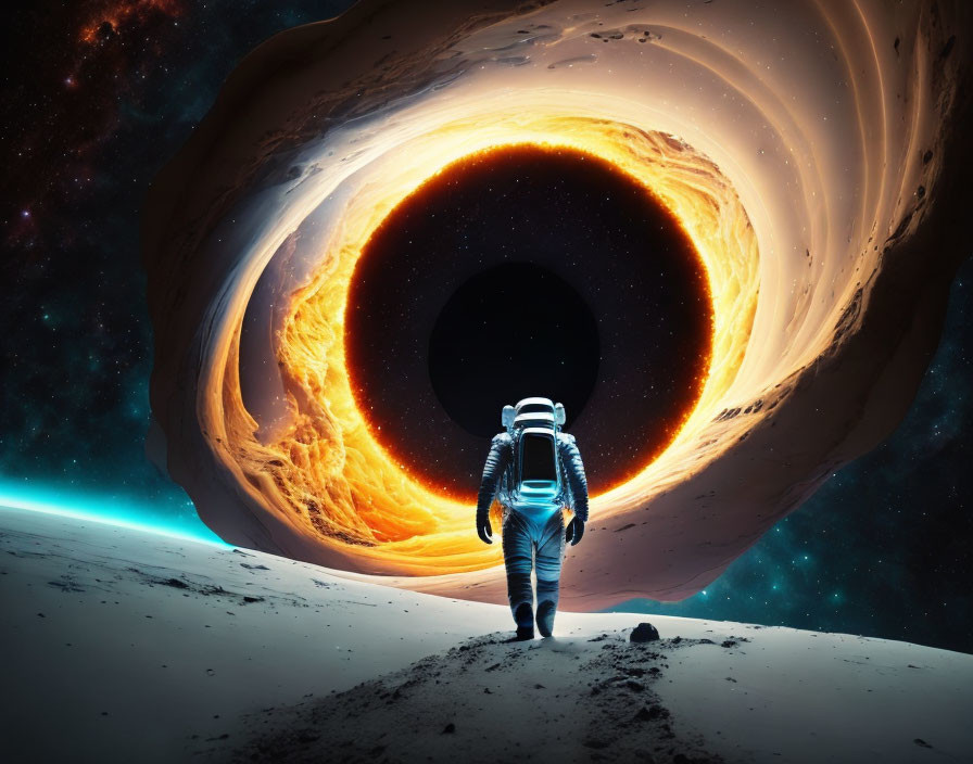 Astronaut gazes at fiery wormhole in space