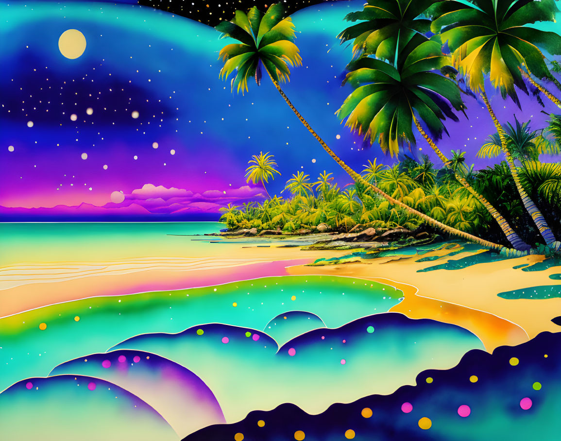 Colorful tropical beach night scene with palm trees, stars, crescent moon.