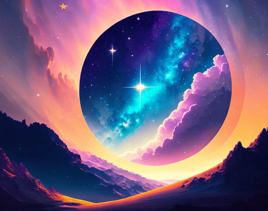 Colorful digital artwork: Sunset & starry sky in circular frame over mountains