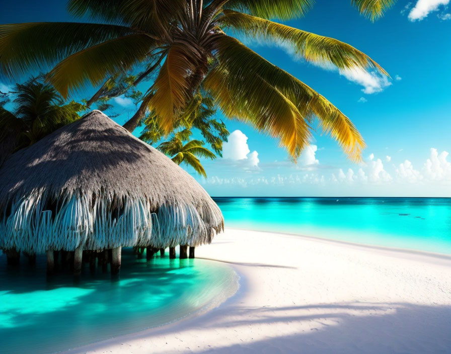 Thatched Hut on Stilts Over Clear Blue Water and Palm Trees