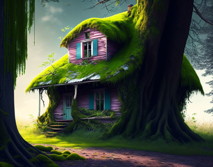 Purple house by moss-covered tree in lush forest setting