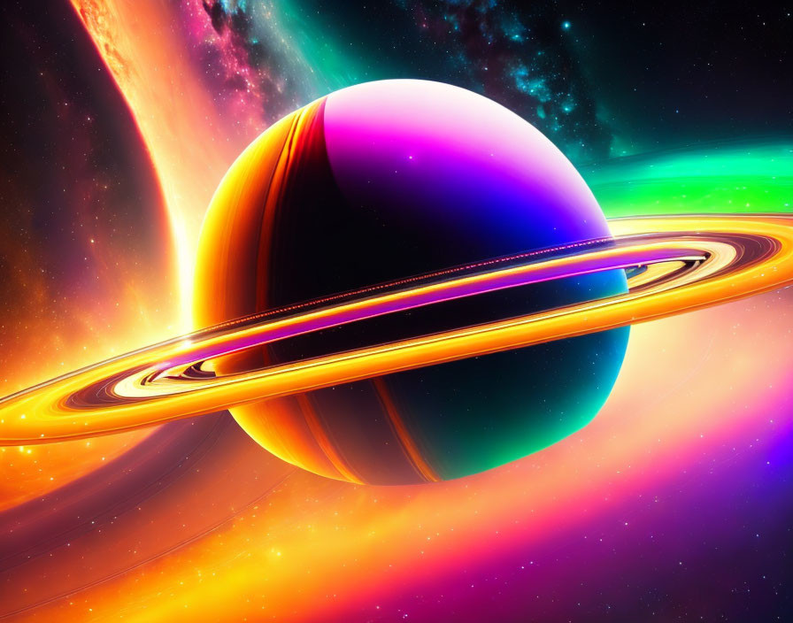 Colorful Saturn-like planet with rings in vibrant space scene.