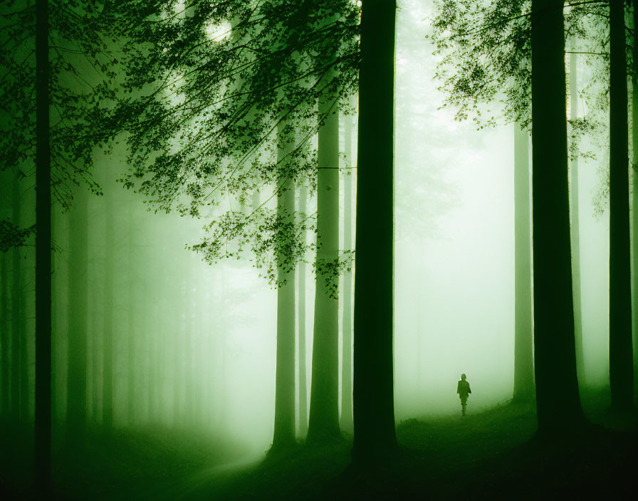 Solitary figure walking in misty, green forest with towering trees