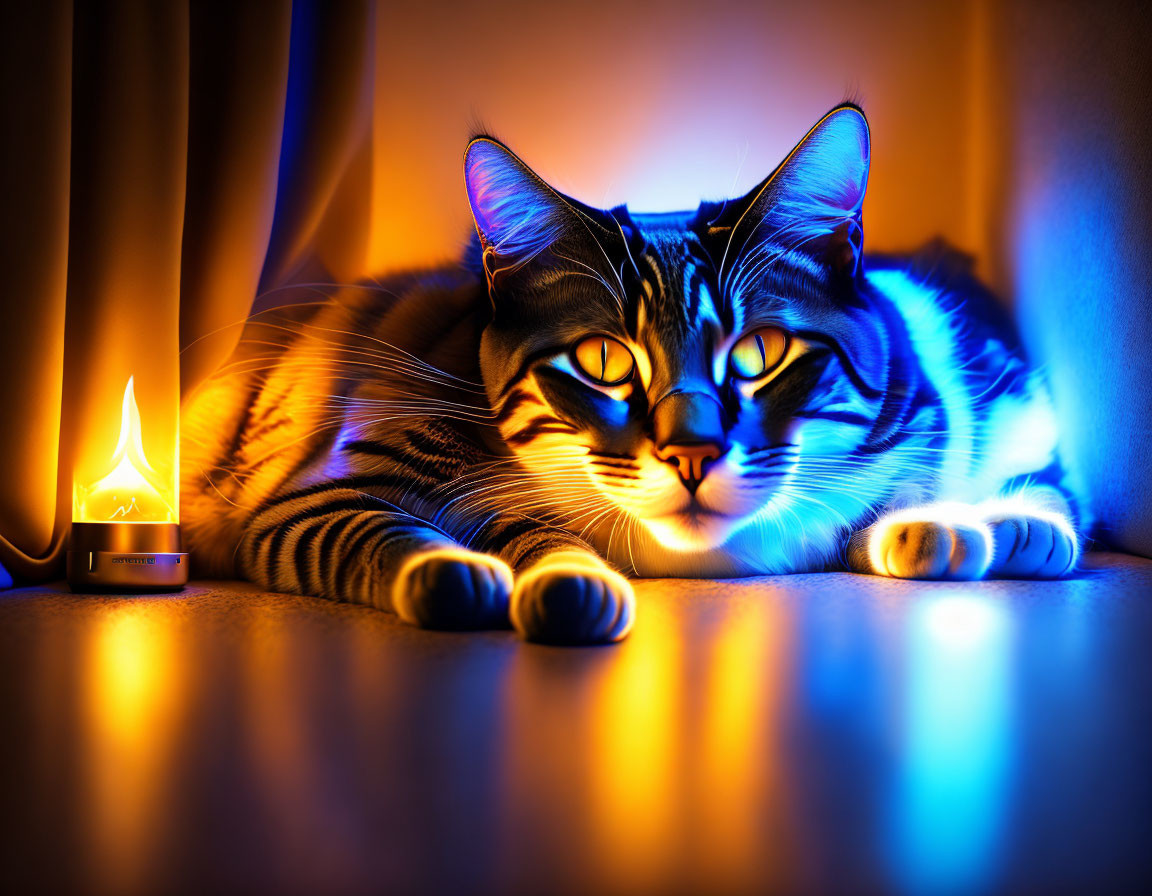 Striped Cat Relaxing in Blue and Orange Light with Flame-shaped Accent