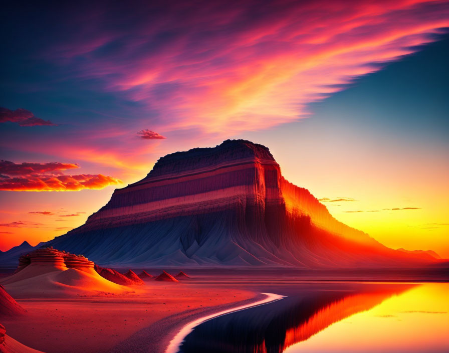 Colorful desert sunset with fiery clouds, mountain, water reflections, and sand dunes