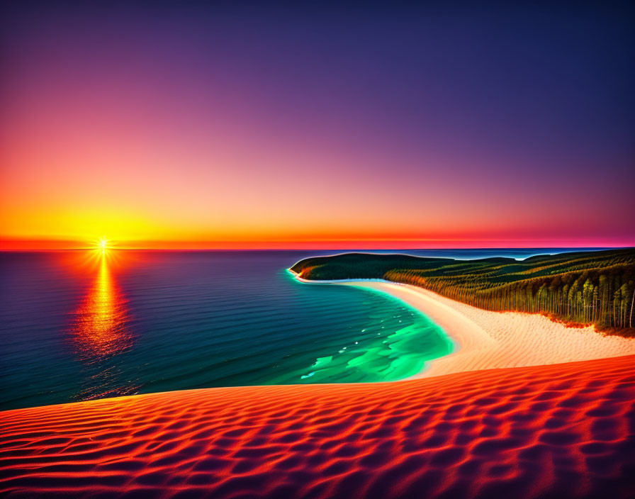 Colorful sunset over coastal landscape with red sand dunes and lush green vegetation