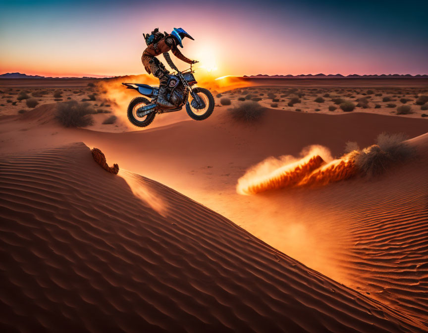 Motorcyclist jumping sand dune at sunset