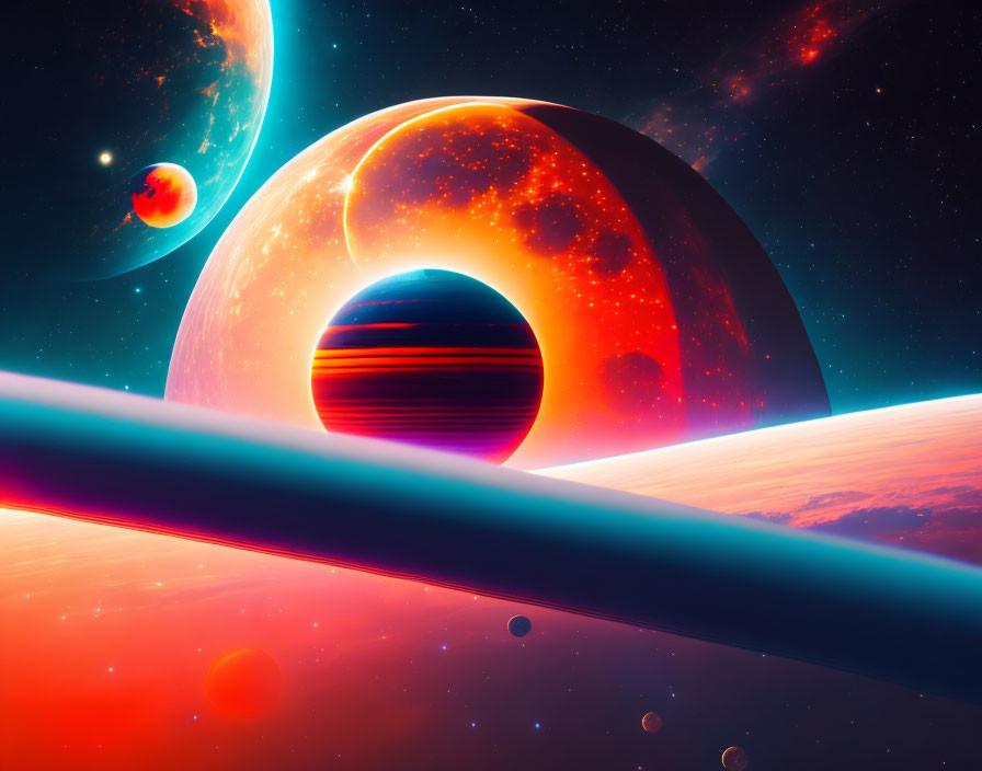 Colorful Cosmic Scene with Aligned Planets and Starry Sky