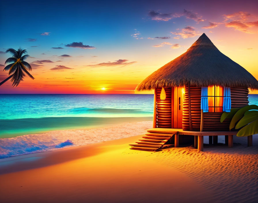 Tropical beach hut on white sands at sunset