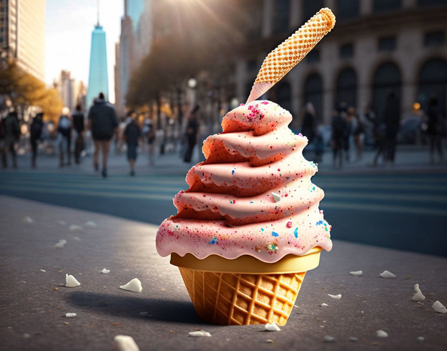 Pink and white speckled soft-serve ice cream swirl in waffle cone on city street with