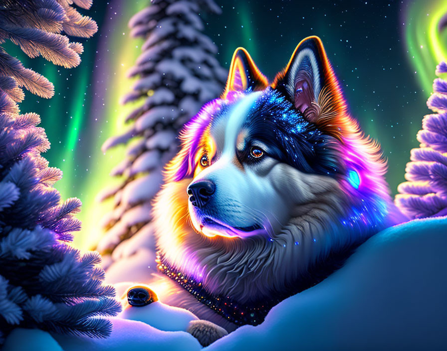 Colorful Husky Artwork in Snowy Forest Night Scenery