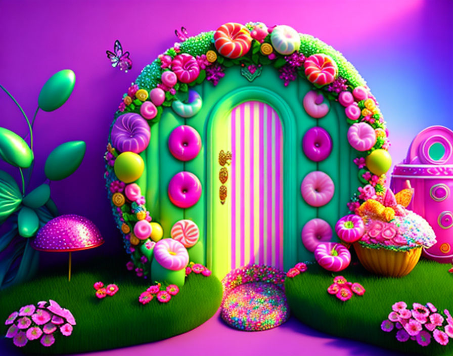 Whimsical illustration of vibrant green door with candy, flowers, butterfly, and mushroom on purple background