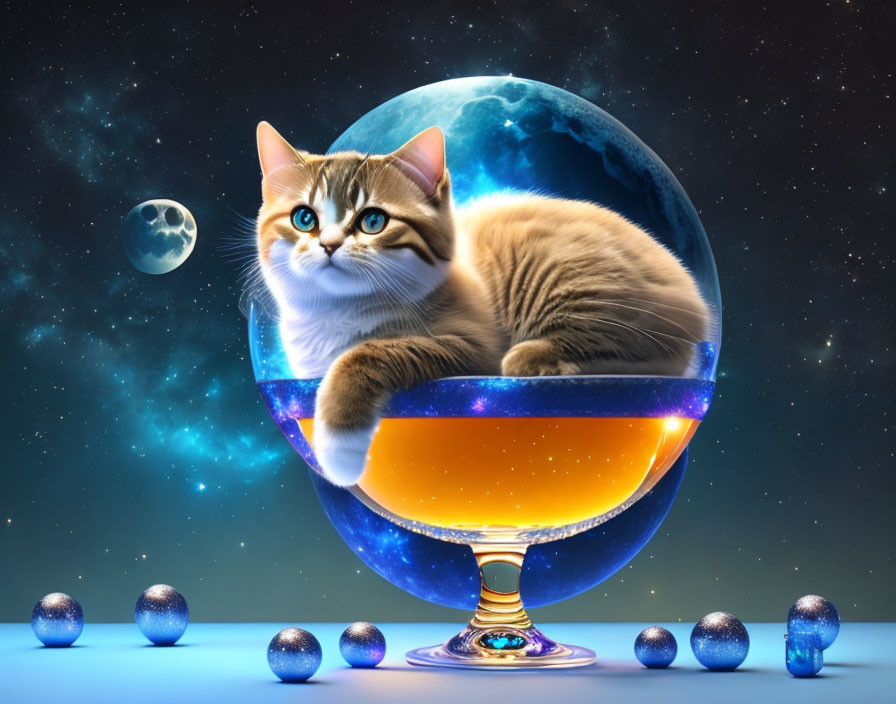 Brown and White Cat in Cocktail Glass with Planet-Like Liquid and Space Marbles