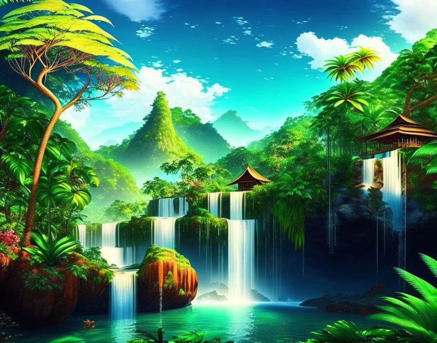 Tranquil tropical paradise with lush greenery and waterfalls