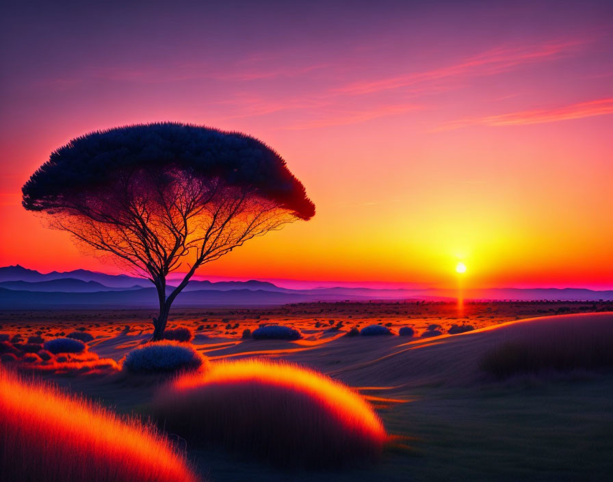 Solitary tree with broad canopy at vibrant sunset over desert landscape