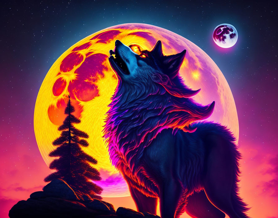 Wolf howling at vividly-colored moon with pine trees and second moon.