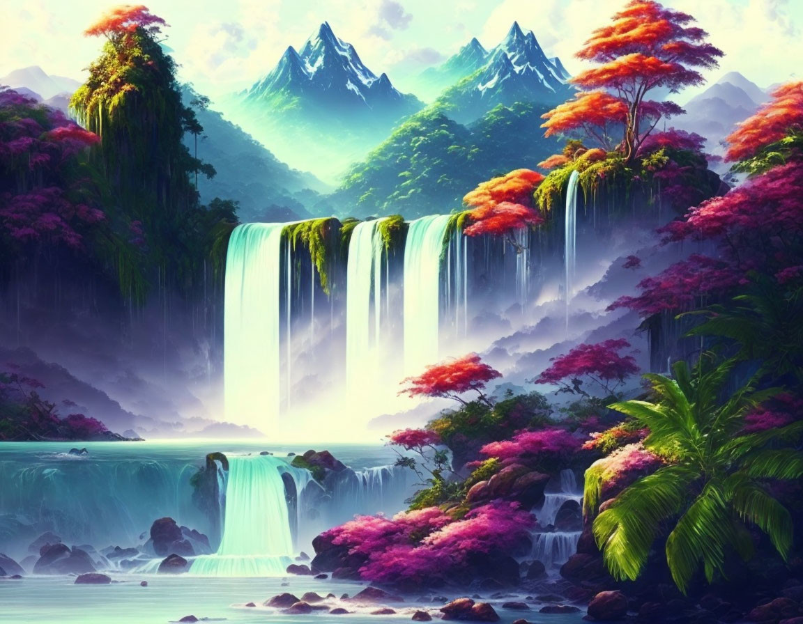 Majestic waterfall in vibrant fantastical landscape