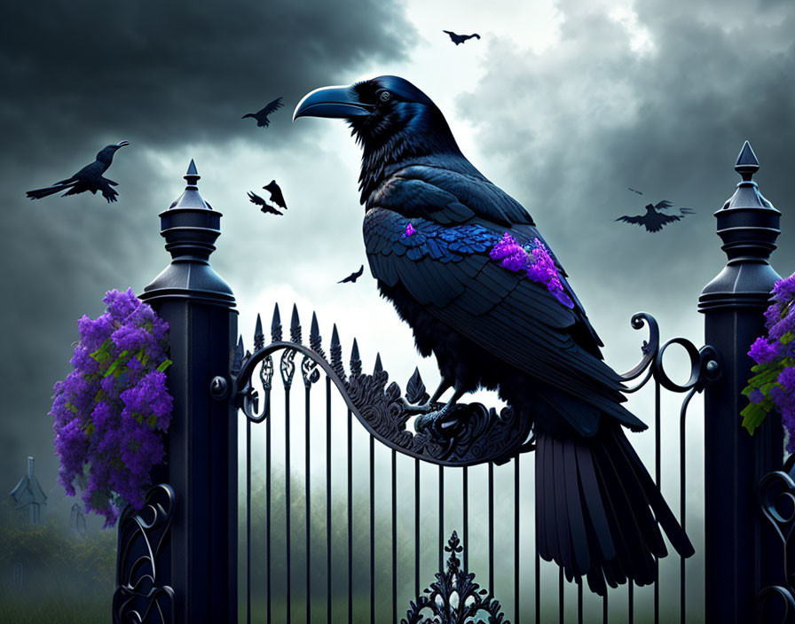 Raven on ornate fence with purple flowers under stormy sky