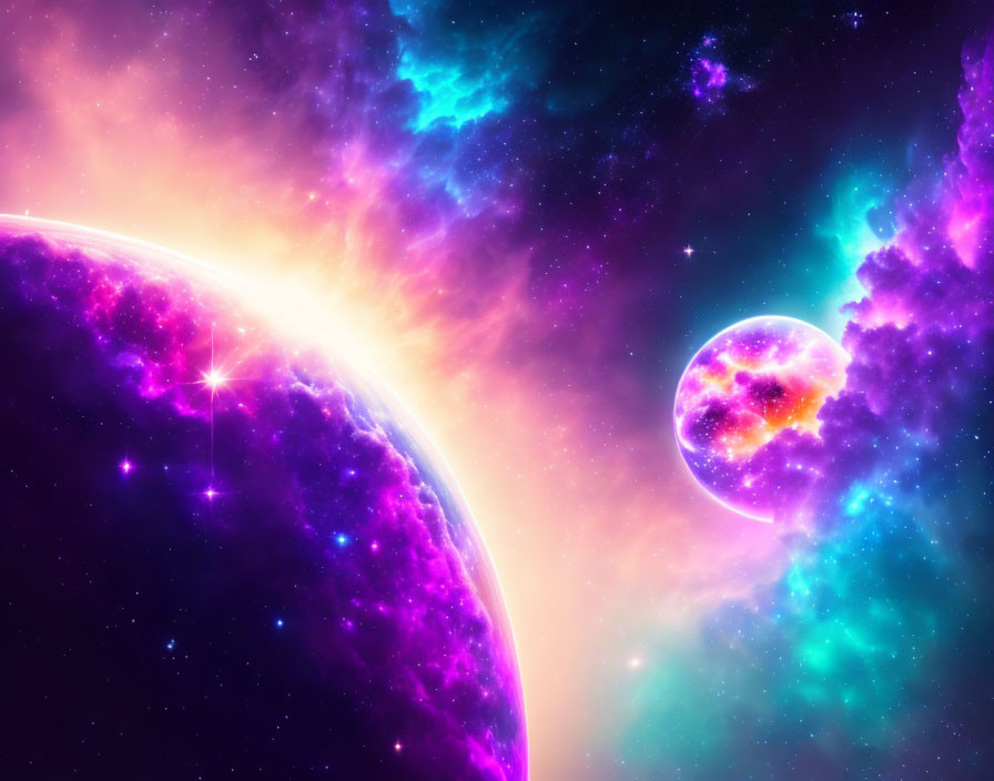 Colorful cosmic scene: sun, planet, moon, nebulae, stars