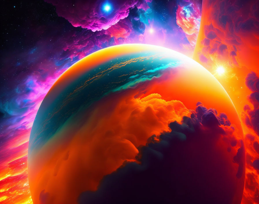 Colorful planet with orange and blue atmosphere in cosmic scene