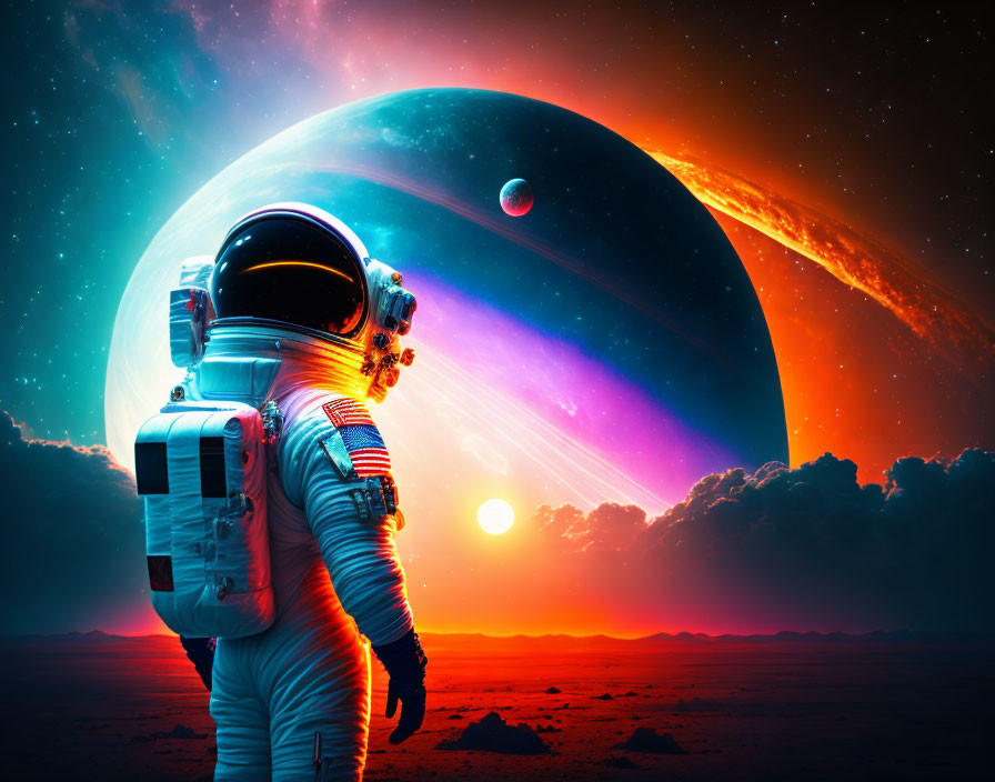 Astronaut on alien planet under vibrant cosmic sky