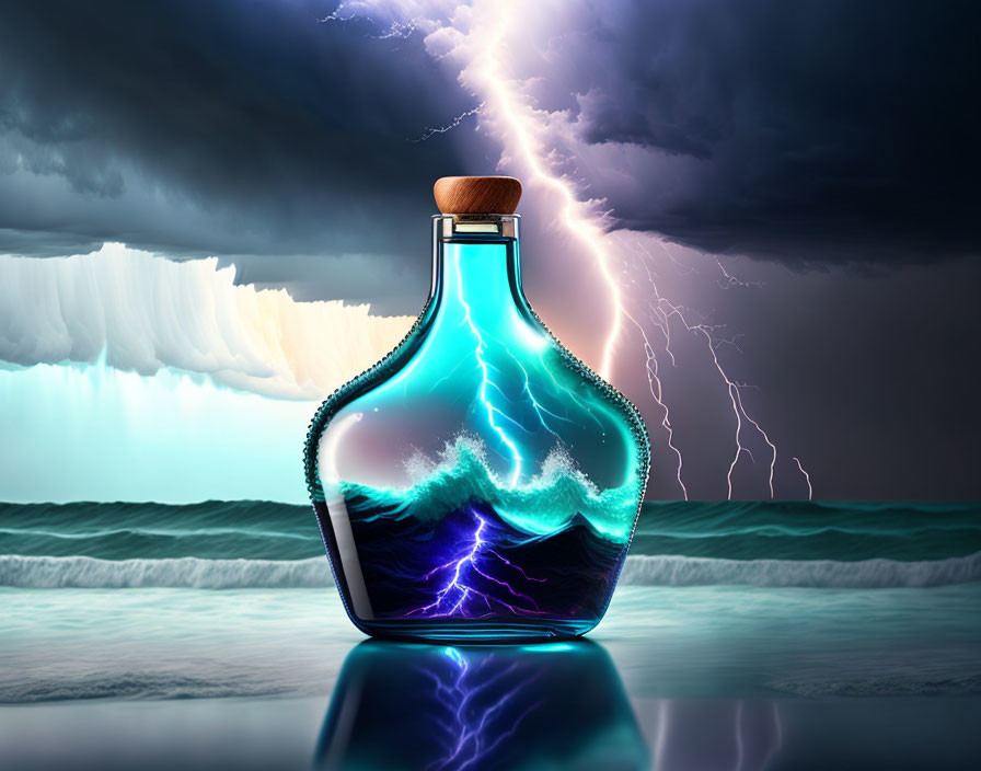 Luminous storm in glass bottle with cork against dark sky & ocean