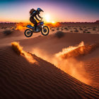 Motorcyclist jumping sand dune at sunset