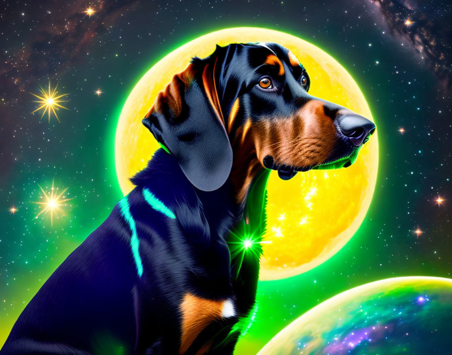 Digital artwork: Doberman dog head on cosmic background with planets & stars