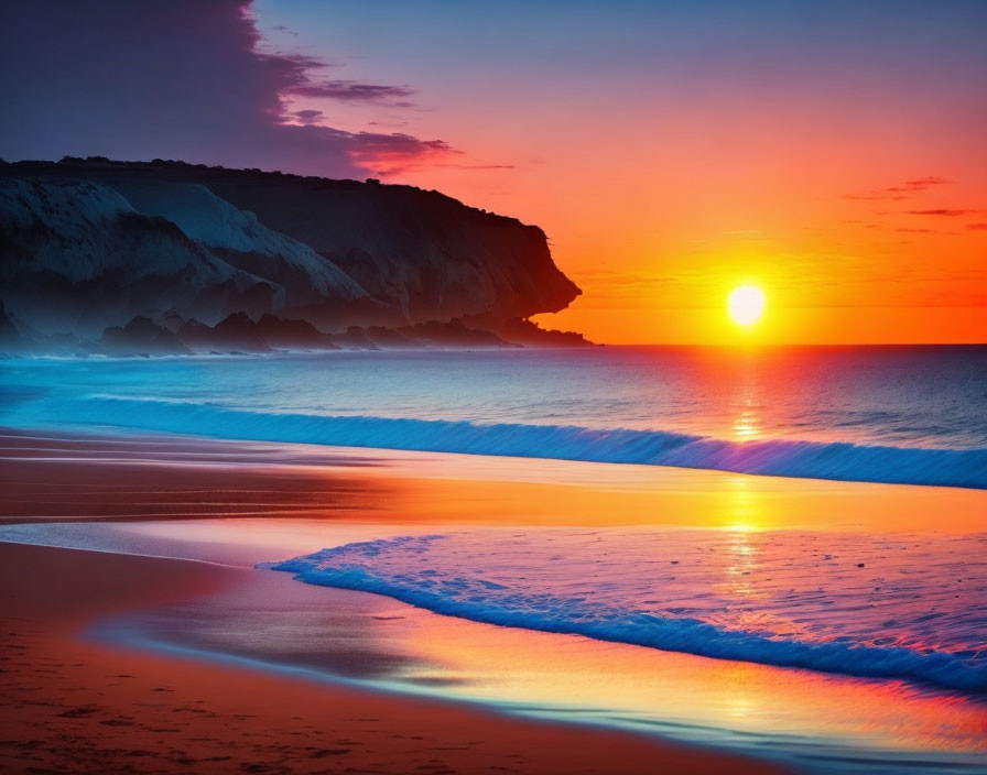 Vibrant beach sunset with orange and blue hues, gentle waves, and distant cliffs