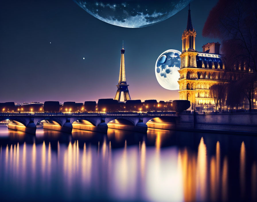 Paris Night View: Eiffel Tower, Seine River, Oversized Moon