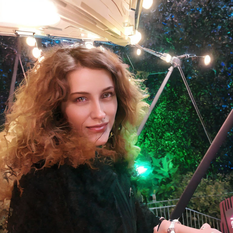 Curly Haired Woman Smiling Outdoors at Night