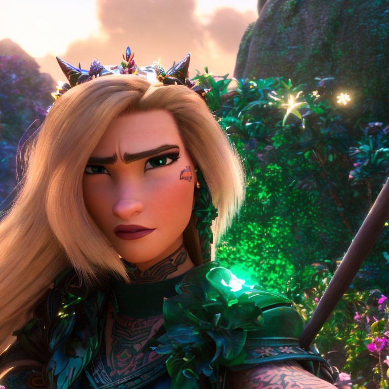 Blonde-haired elven character with tattoos in vibrant forest