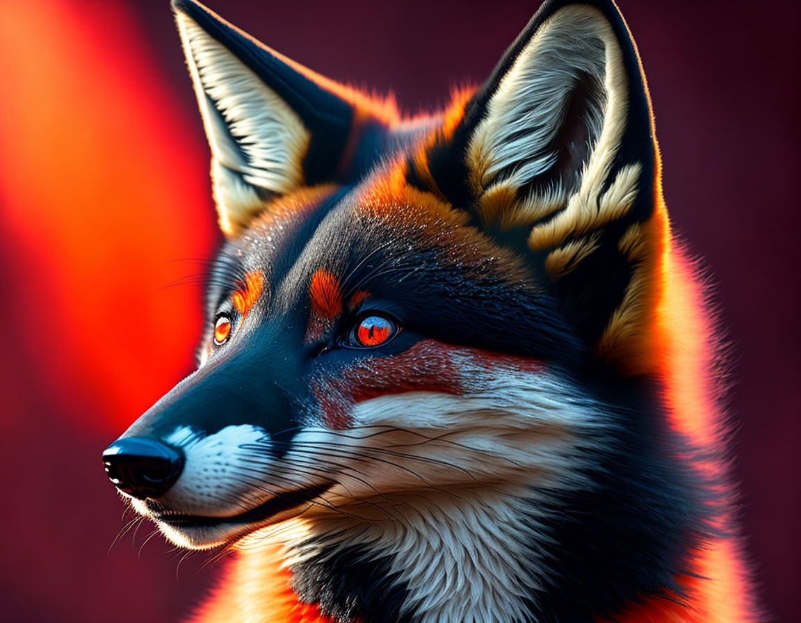 Vivid fox with orange and black fur against warm, glowing backdrop